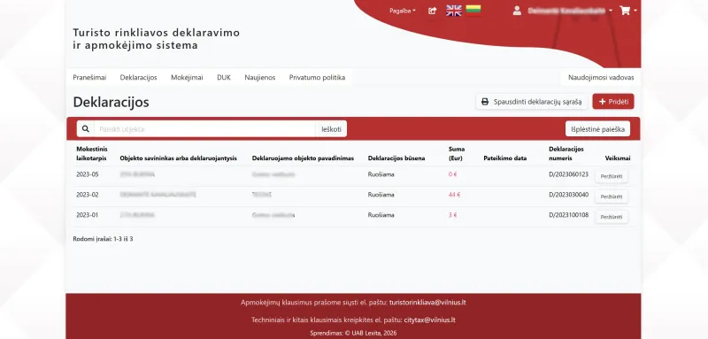 Turisto rinkliavos deklaravimo ir apmokėjimo sistema